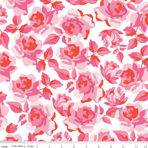 Sending Love Valentine's Day Fabric, Main Roses on White, Riley Blake
