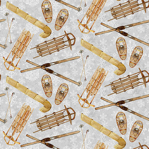 Snowy Woods Fabric by Henry Glass, Sled and Skis