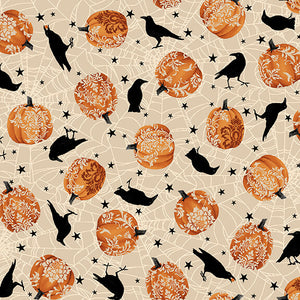 Spooky Night, Tossed Pumpkins and Crows Fabric by Studio E, Halloween