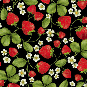 9" x 44" Strawberry Patch Fabric by Timeless Treasures, Strawberries on Black, EOB