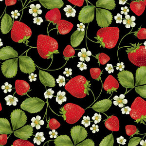 18" x 22" Fat Qtr Strawberry Patch Fabric by Timeless Treasures, Strawberries on Black, EOB