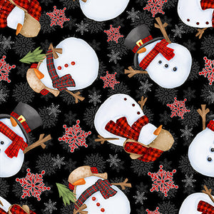 24" x 44" Timber Gnomies, Snowmen on Black Fabric by Henry Glass