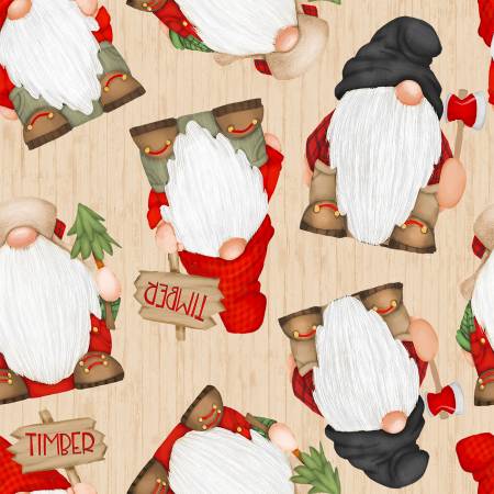 Timber Gnomies Fabric by Henry Glass, Gnomes on Wood, Cotton