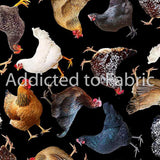 Tossed Hens Fabric by Timeless Treasures, Chickens on Black Fabric
