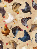 18" x 21" Tossed Hens Fabric by Timeless Treasures, Chickens on Natural, EOB