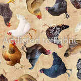 18" x 21" Tossed Hens Fabric by Timeless Treasures, Chickens on Natural, EOB