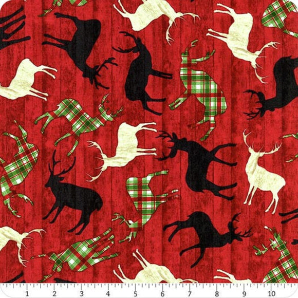 Comfort and Joy Tossed Reindeer Fabric by Timeless Treasures, Plaid Deer on Red