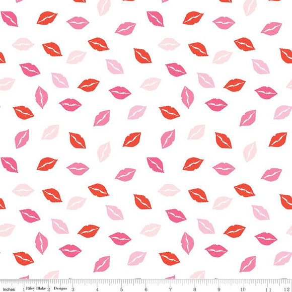 Sending Love Kisses Valentine's Day Fabric by Riley Blake Designs, White, Cotton