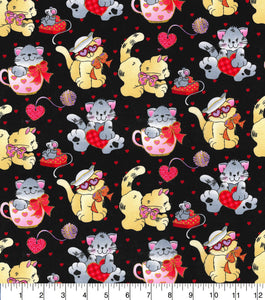 19" x 44" Gold Glitter Valentine Kittens Fabric by Fabric Traditions, Cotton Fabric