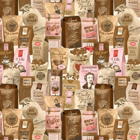 Perk Up Vanilla Small Batch Coffee Quilt Fabric by Michael Miller Coffee Beans
