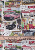 Postcards of Vintage Cars & Diners Fabric by Springs Creative, Old Cars, Trailers