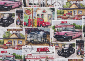 Postcards of Vintage Cars & Diners Fabric by Springs Creative, Old Cars, Trailers