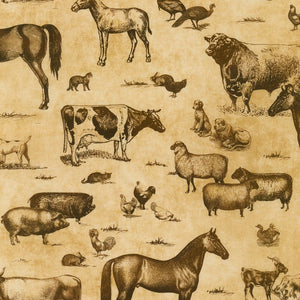 Vintage Farm Life Tan Fabric by Robert Kaufman, Cows, Horses, Farm Animals