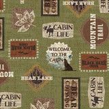 Welcome to the Cabin Fabric by Michael Miller, Trail Signs on Green