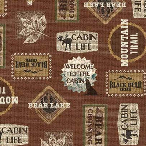 Welcome to the Cabin Fabric by Michael Miller, Trail Signs on Rust
