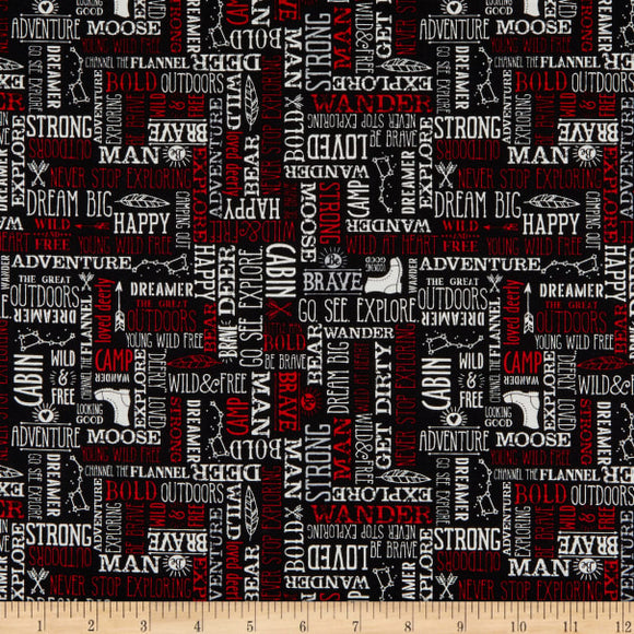 Wild at Heart Fabric, Words on Black by Riley Blake, Outdoors, Cabin Theme