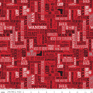 Wild at Heart Fabric, Words on Red by Riley Blake, Outdoors, Cabin Theme