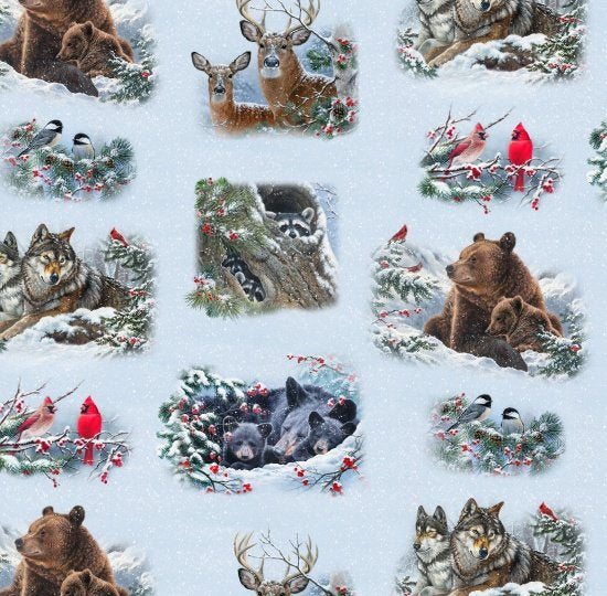 Winter Companions in Snow, Allover Animals Fabric by Elizabeth's Studio