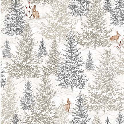 Winter Solstice Forest Landscape Fabric by Michael Miller, Beige and Gray Pine Trees
