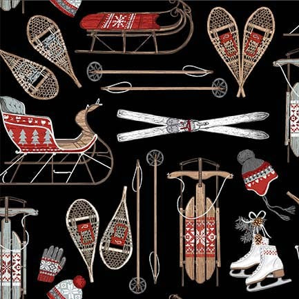 Winter Solstice Winter Activities Fabric by Michael Miller, Black, Sled, Snowshoes