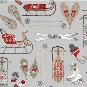 Winter Solstice Winter Activities Fabric by Michael Miller, Gray, Sled, Snowshoes