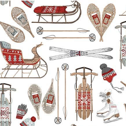 Winter Solstice Winter Activities Fabric by Michael Miller, White, Sled, Snowshoes
