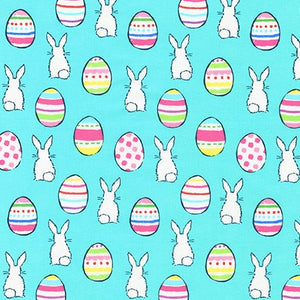Easter Fabric, Bunny Egg Hunt Quilt Fabric, Robert Kaufman, Aqua