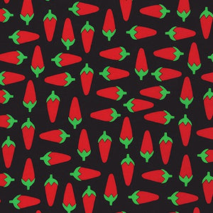Chili Peppers Fabric by Robert Kaufman, Red Hot Jalapeno's on Black Background