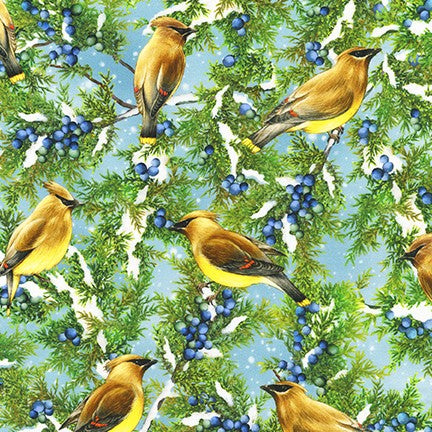 Winter Visitors, Cedar Waxing Birds Fabric by Robert Kaufman, Bird Fabric